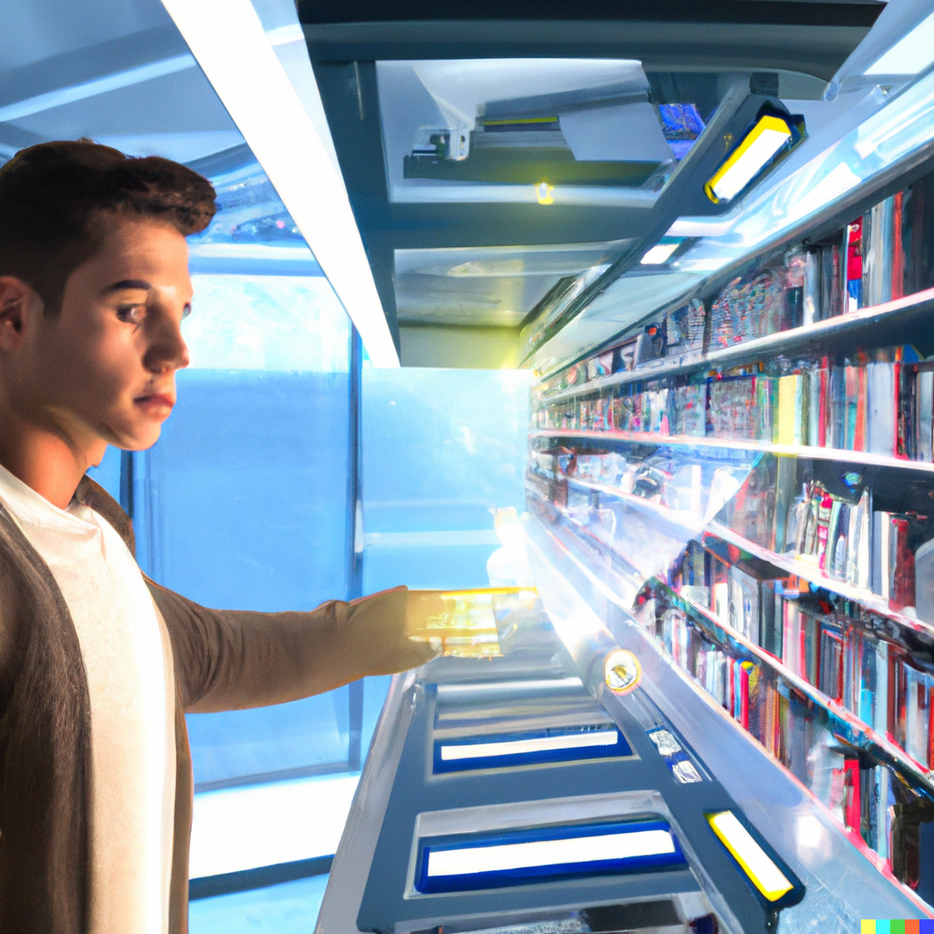 DALL·E 2022-12-13 20.13.10 -  futuristic digital library, student chooses a book from a screen, after he chosses a book, teleporter conveyor that delivers him the book directly - O Miller